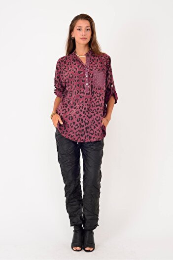 Park Moda 15451-23 Leopard Print Sequin Detail Three Button Shirt