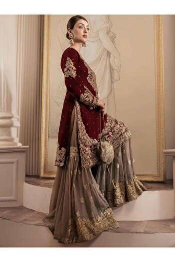 MYSMAR Reddish Maroon Faux Georgette Top Pant Dupatta - HRT4235 | Reddish Maroon