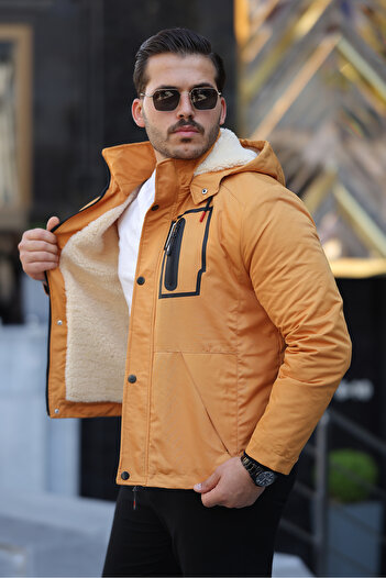 FASİON Men's Fur-Lined Thick Winter Coat with Detachable Hood, Waterproof and Cold-Proof