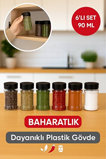 Open Home Concept 6-Piece Durable Plastic Spice Rack Set – Transparent Body, Black Lid, 90 ml for Organized Kitchens