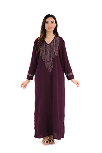 amaan Women's Long Jalabiya Dress, Embroidered Rhinestone Design, V-Neck, Floor Length