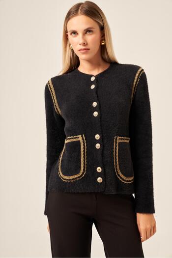 FTZ WOMEN Women's Glitter Stripe Detailed Cardigan Black 25087