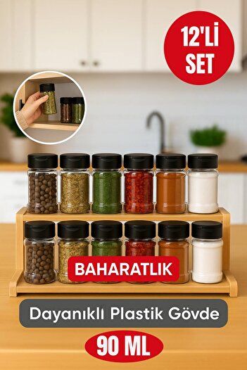 Open Home Concept 12-Piece Durable Plastic Spice Rack Set – Transparent Body, Black Lid, 90 ml for Organized Kitchens