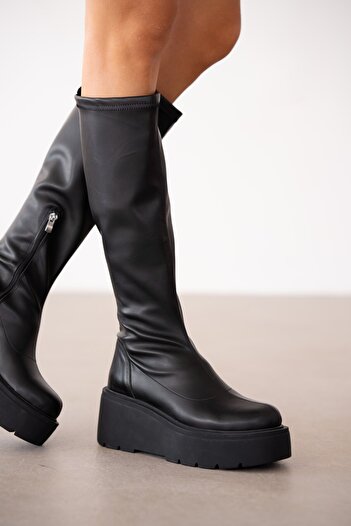 selinshoes Gress High Sole Semi-Zip Detailed Stretch Boots-Black