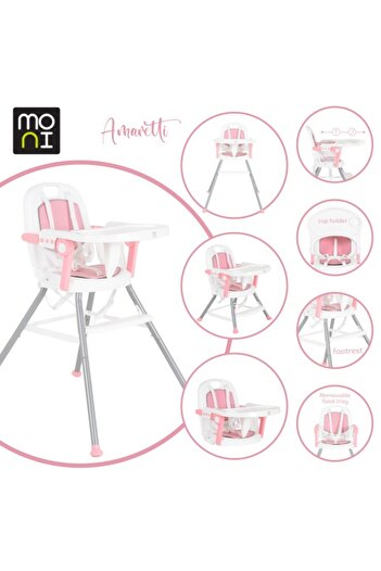 Moni Foldable highchair 3 in 1 Amaretti Pink, detachable and adjustable feeding tray in 3 positions