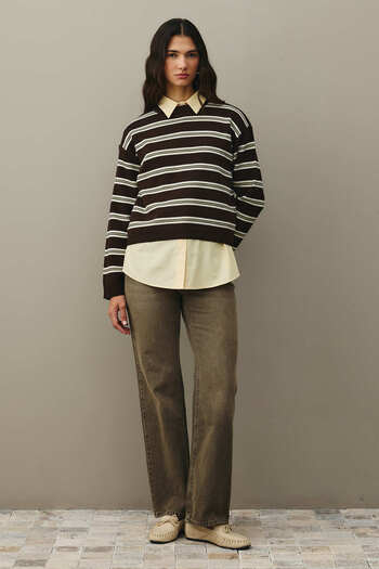 Fahhar Striped Basic Knitwear Sweater Brown