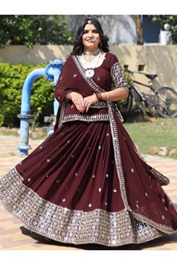 MYSMAR Maroon Blooming Georgette Blouse Lehenga Dupatta - HRT2482 | Maroon