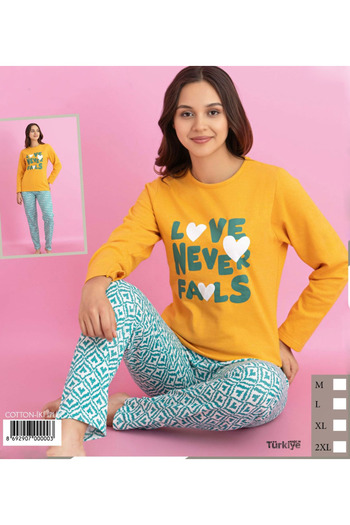 Star Fashion Women's padded pajamas, long-sleeved blouse and long pants, cheerful print