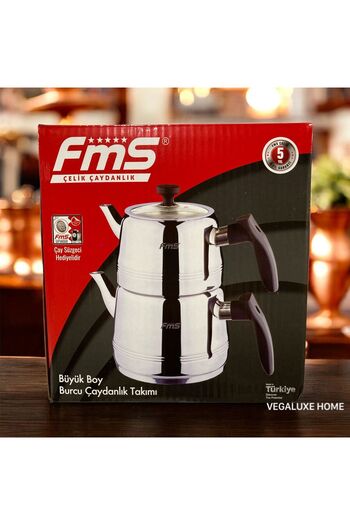 FMS Burcu Large Size Steel Teapot (Upper Pot 1.5 L - Lower Pot 3 L) Black