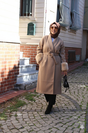 Tuğba Sarı Beige Cashmere Women's Coat with Elbow Patches