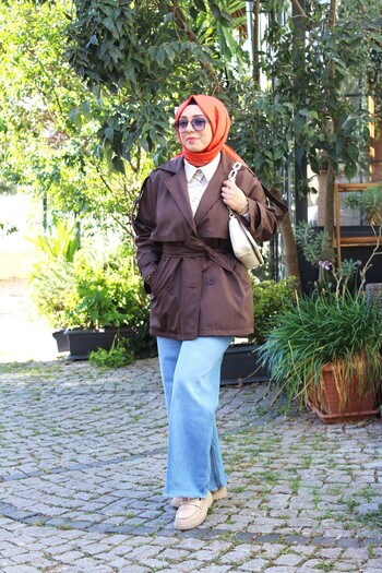 Tuğba Sarı Tied Brown Women's Trench Coat