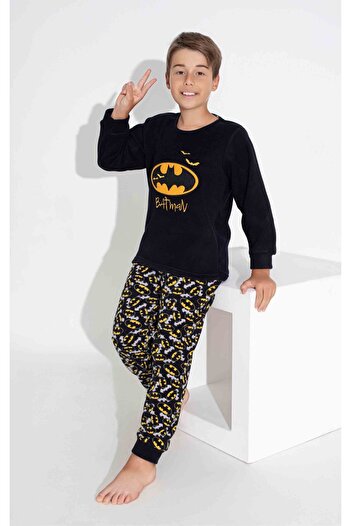 Tarık Men's Black Youth and Children's Patterned Long Sleeve Fleece Fabric Winter Warm Pajama Set