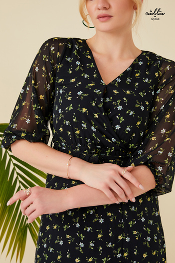 Stylish Short black floral dress with a soft wrap design