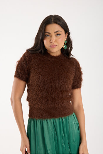 Moda Days Women's Bitter Brown Beard Yarn Short Sleeve Crew Neck Knitwear Sweater
