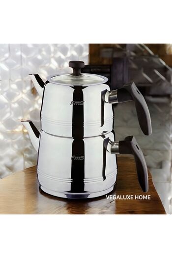 FMS Burcu Medium Size Steel Teapot (Upper Teapot 1.25 - Lower 2.25) Black