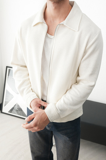 İLKCET MODA Men's Zippered Seasonal Comfortable Cut White Knitwear Jacket