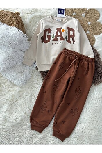 Karan Kids Unisex Children's 3-Thread Unlined Brown Beige Top and Bottom Set