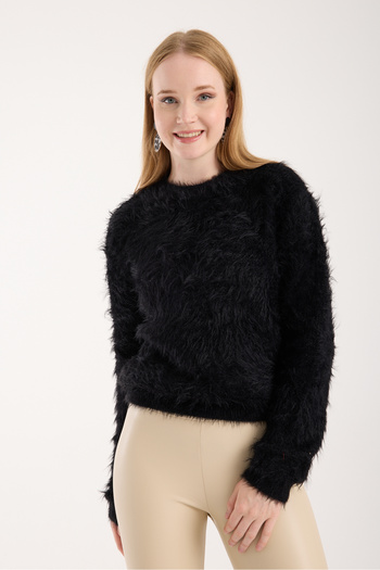 Moda Days Women's Black Beard Yarn Crew Neck Knitwear Sweater