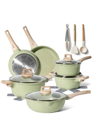 Just Perfecto Induction Pot Set - 14 Pieces - Cooking Set with Silicone Lid Olive - Easy Cook