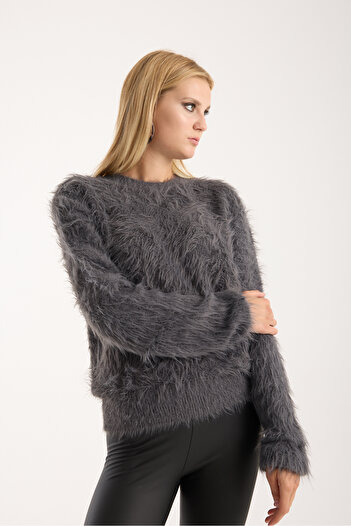 Moda Days Women's Smoked Beard Yarn Crew Neck Knitwear Sweater