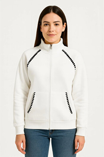 TUA MODA Tua Moda Oversize High Collar Zippered Sweatshirt - Chain Embroidered Kangaroo Pocket, - White