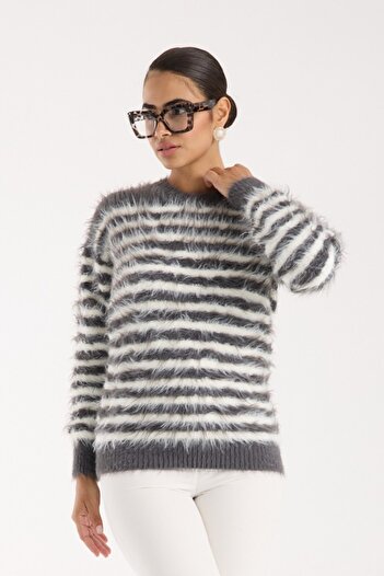 Moda Days Women's Smoked-White Beard Yarn Striped Crew Neck Knitwear Sweater