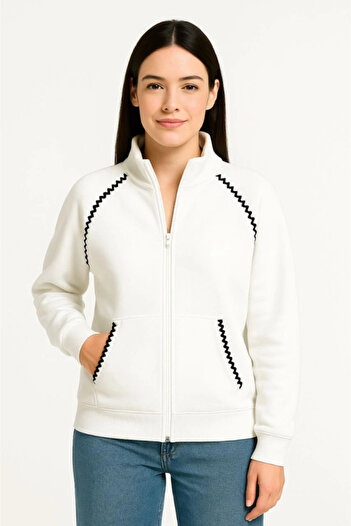 TUA MODA Tua Moda Oversize High Collar Zippered Sweatshirt - Chain Embroidered Kangaroo Pocket, - White