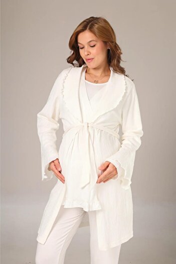 Lohussa Women's Ecru Jacquard Shawl Collar Special Design Maternity Pajama Set