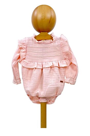 Dumledo Ruffle Detailed Baby Girl Pink Muslin Bodysuit Jumpsuit