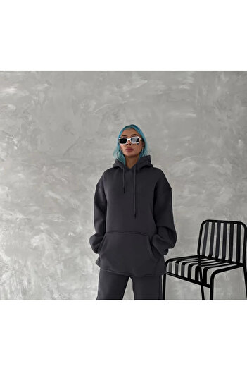 DAILY BOUTIQUE Hooded Three Thread Combed Cotton Basic Sweatshirt - Smoked
