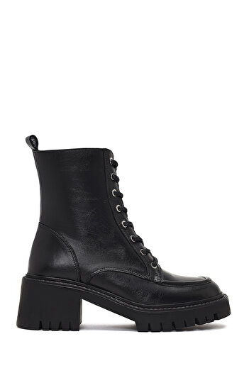 Derimod Women's Black Zippered Thick Heeled Leather Boots 25Wfd230518