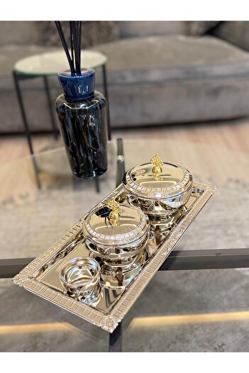 aljahwari Dates set with Tabsi and a plate, size 13cm-11cm, full nickel, golden handle