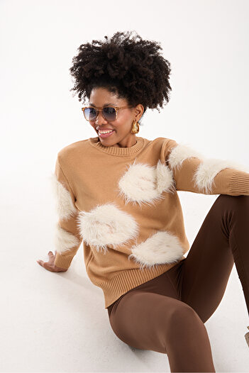 Moda Days Women's Beige Beard Yarn Crew Neck Knitwear Sweater