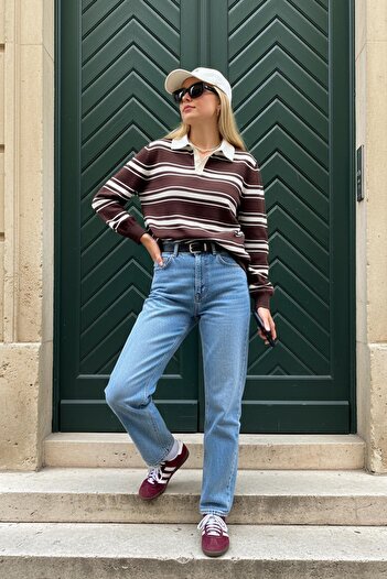 CHUBA Women's Polo Neck Striped Buttoned Knitwear Sweater Rugby Shirt Brown-White 26W3036