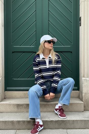 CHUBA Women's Polo Neck Striped Buttoned Knitwear Sweater Rugby Shirt Navy Blue-White 26W3036