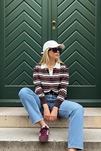 CHUBA Women's Polo Neck Striped Buttoned Knitwear Sweater Rugby Shirt Brown-White 26W3036