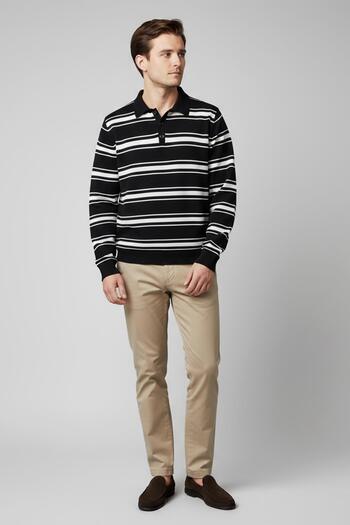 CHUBA Men's Polo Neck Buttoned Striped Knitwear Sweater Black-White 26W2015