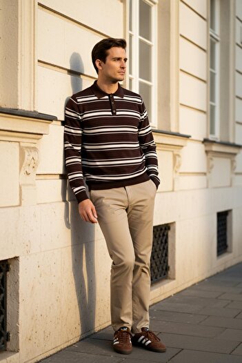 CHUBA Men's Polo Neck Buttoned Striped Knitwear Sweater Brown-White 26W2015