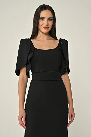 ALFABETA Women's Regular Fit Waist Belted Sleeves Molded Detail Midi Black Evening Dress & Graduation Dress Ab6897-S