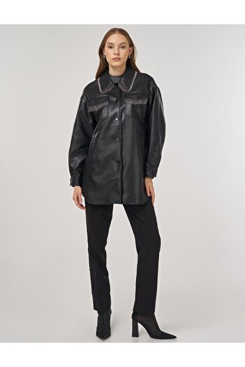 Kayra Faux Leather Jacket with Dangle Detail Black