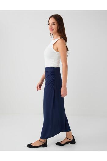 Jimmy Key Navy Blue Regular Waist Long Woven Skirt