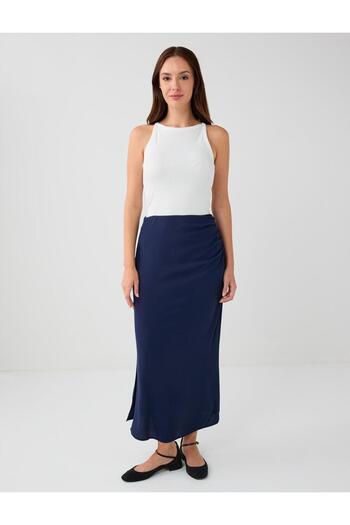 Jimmy Key Navy Blue Regular Waist Long Woven Skirt