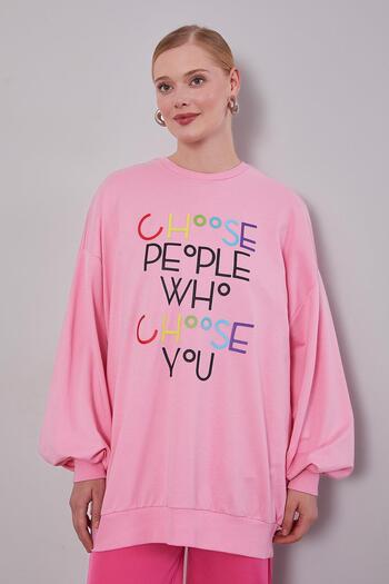 Levidor Pink Letter Print Detailed Sweatshirt