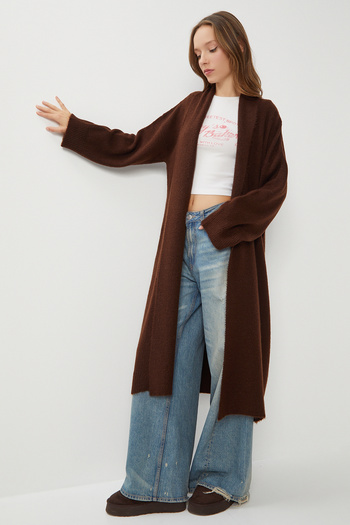 Lovelyİstanbul Shawl Collar Long Knitwear Cardigan Lhi̇0004 Brown