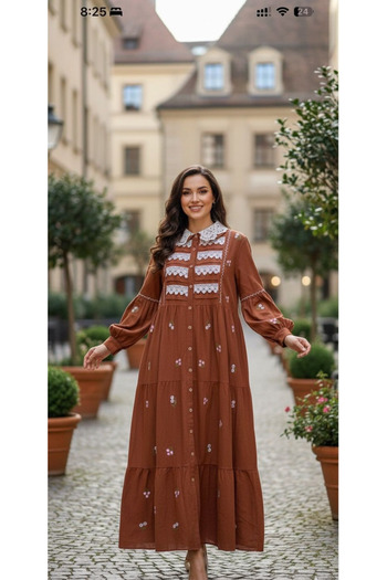 LAYARA COUTURE LINEN MODEST WEAR FULL DRESS,PLEATED,EMBROIDED,WITH LACE DETAILS