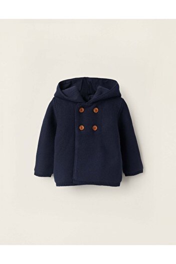 Ziddy Hooded Cardigan with Pompom for Newborns, Dark Blue