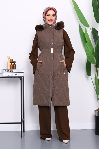 İmajButik Dark Mink Fur Detailed Hooded Long Nova Vest