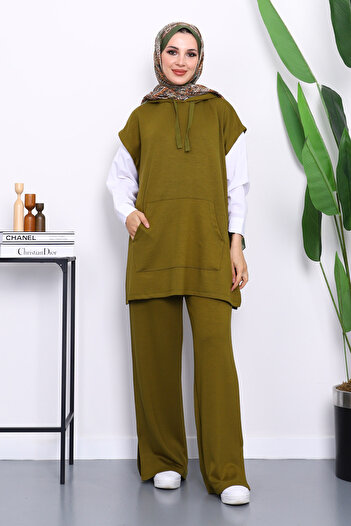 İmajButik Oil Green Hooded Sweater with Pants Modal Set