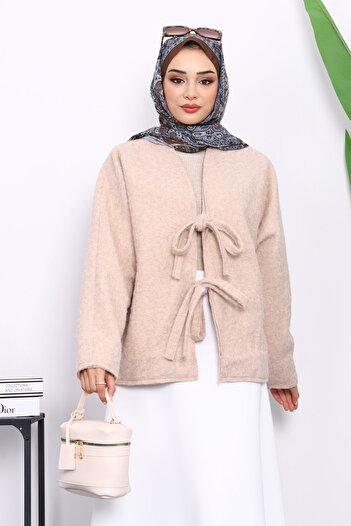 İmajButik Beige Felt Kimono Jacket with Tie Front