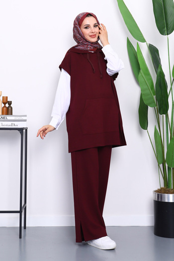 İmajButik Burgundy Hooded Sweater with Pants Modal Set